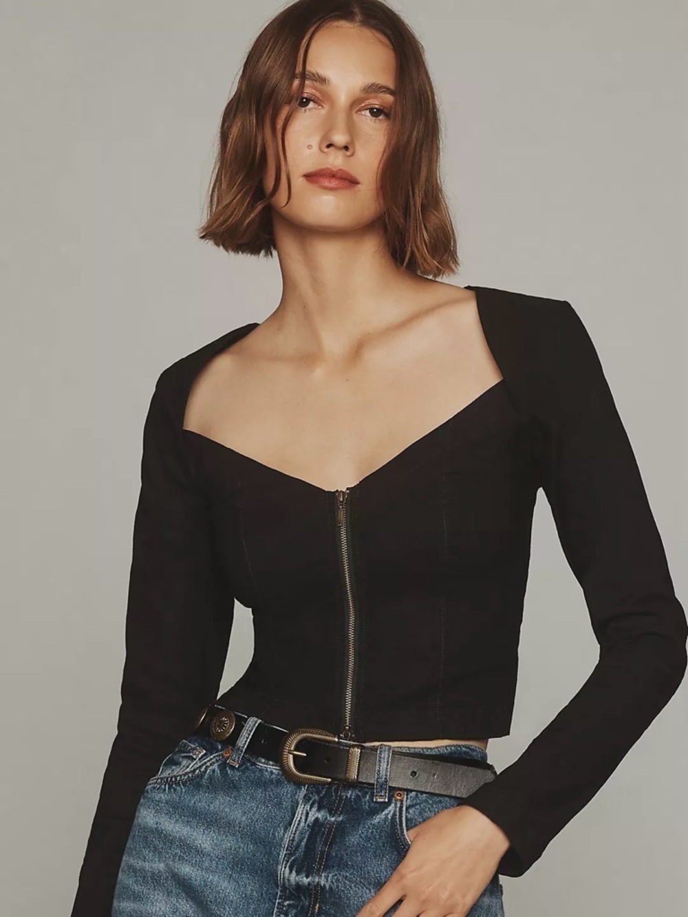 Anthropologie Maeve Top Zip-Front Long-Sleeve Blouse Cut Out Back Black Sz S